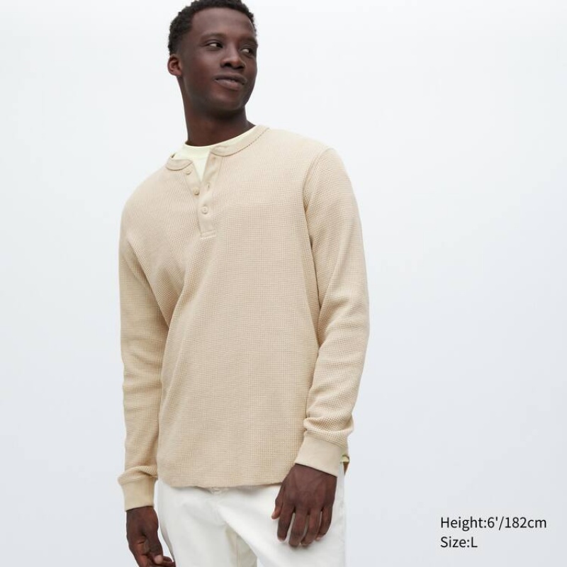 Uniqlo Waffle Henley Neck Long Sleeved Magliette Beige | LCXKJN172