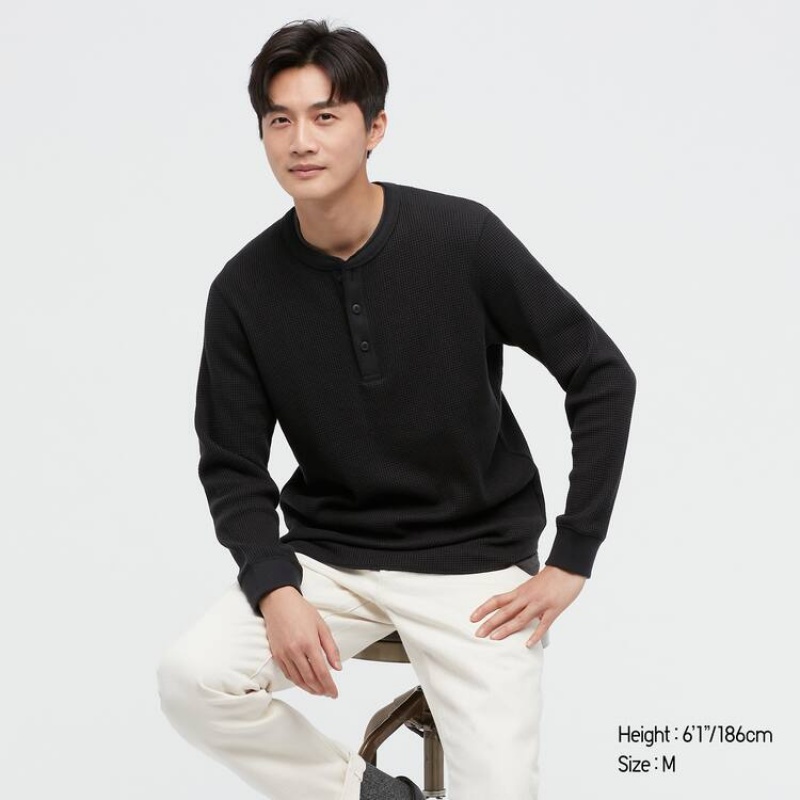 Uniqlo Waffle Henley Top Nere | IKCTHZ746